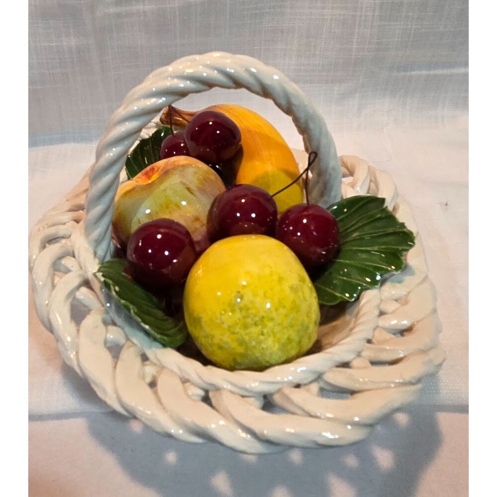 Vintage Italy Ceramic Fruit Basket Centerpiece Cherries Lemon Banana